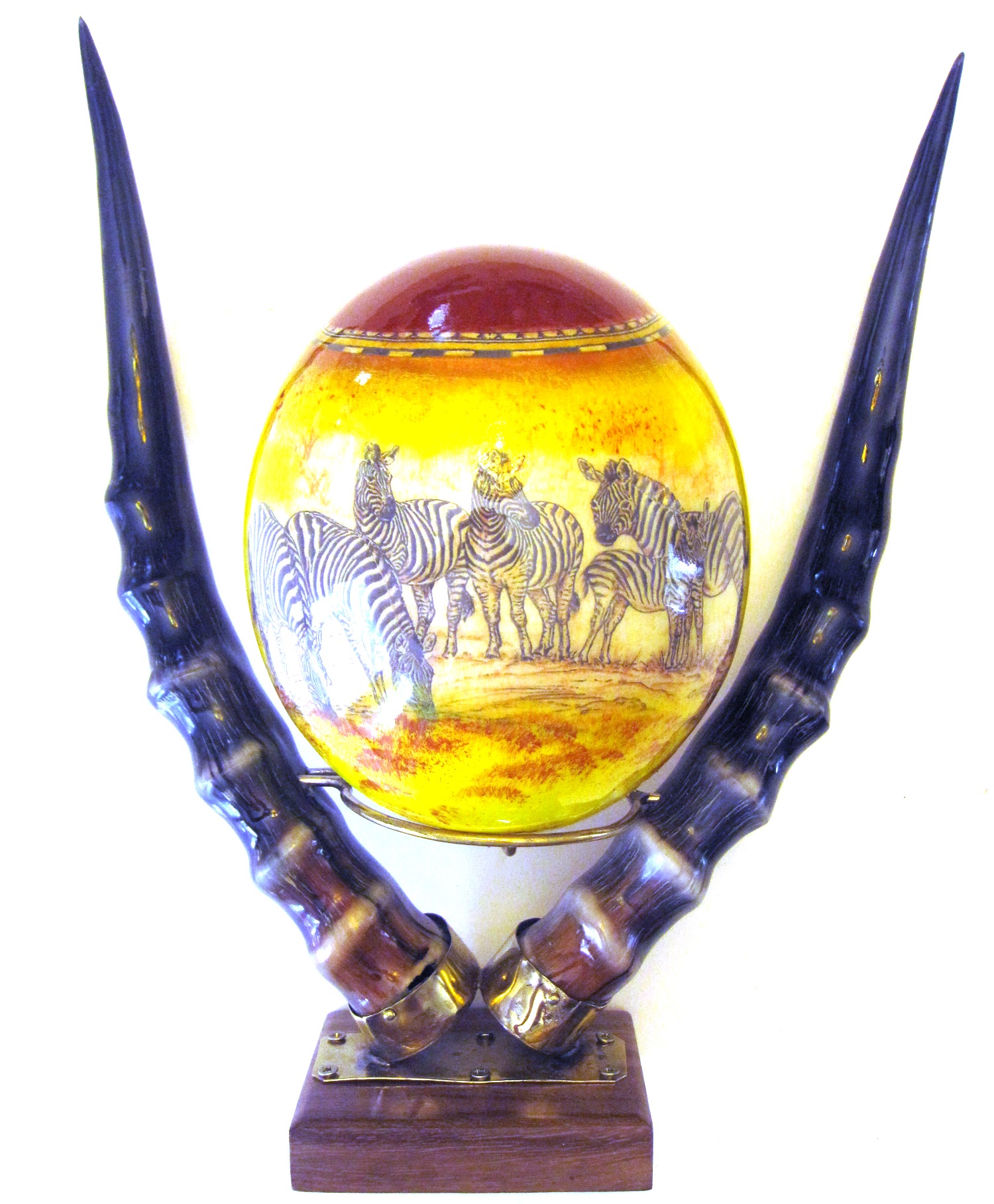 Zebra Collection Decoupage Ostrich Egg w Impala Horn Stand